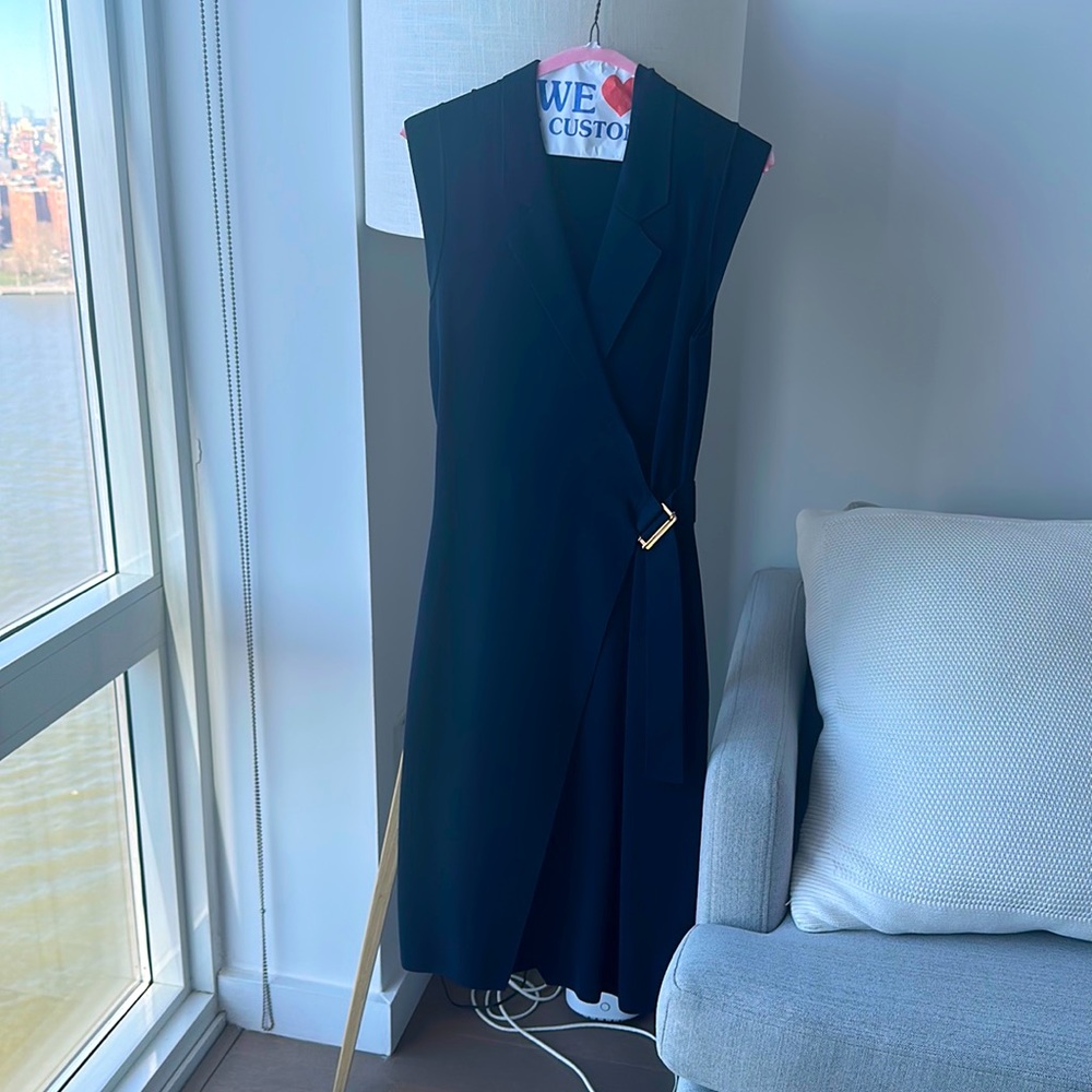 Navy knitted wrap-front midi dress